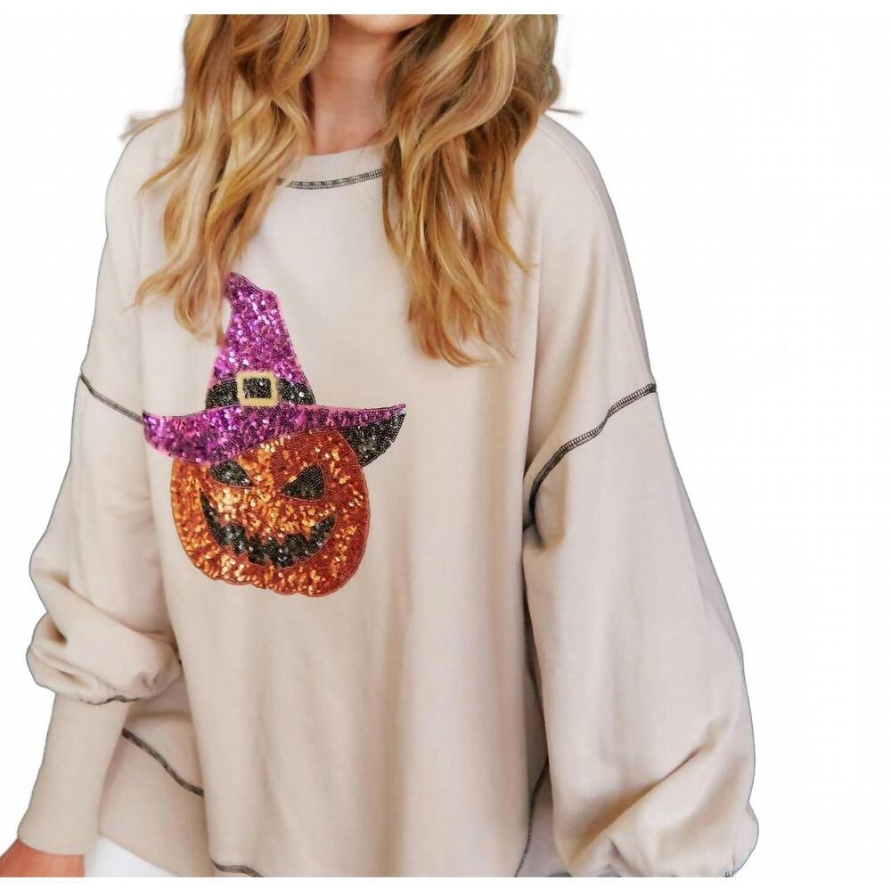 NEW FANTASTIC FAWN sequin halloween pumpkin patch knit sweatshirt in tan - Picture 3 of 7